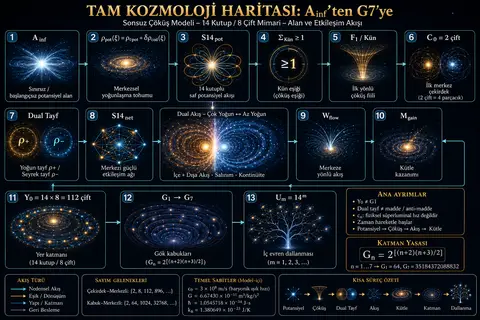 Şekil 0.1 – Tam kozmoloji haritası: A_inf potansiyel alanından Kün eşiğine, C0, Y0, G1–G7 ve Um iç evren dallanmasına uzanan ana akış.