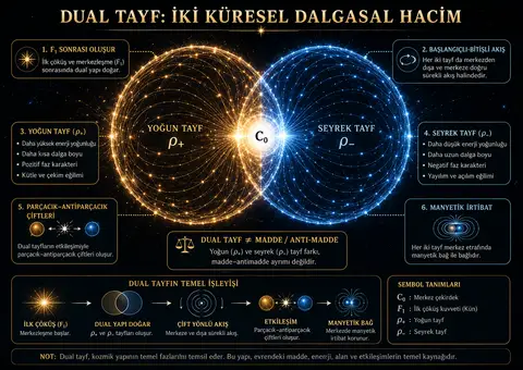 Şekil 2.1 – Dual tayfın iki küresel dalgasal hacim olarak okunuşu: yoğun tayf ρ₊ ve seyrek tayf ρ₋, C₀ merkezinde karşılıklı akış üretir.