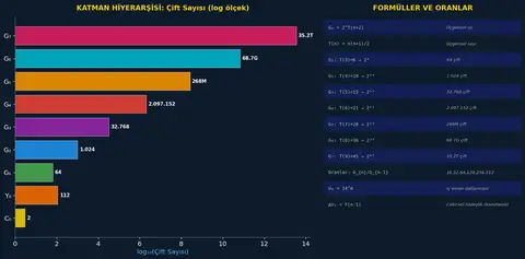 Şekil 16.3 – Katman Hiyerarşisi: Çift sayıları (log ölçek), genel formül Gₙ=2^T(n+2) ve ardışık oran dizisi 16, 32, 64, 128, 256, 512.