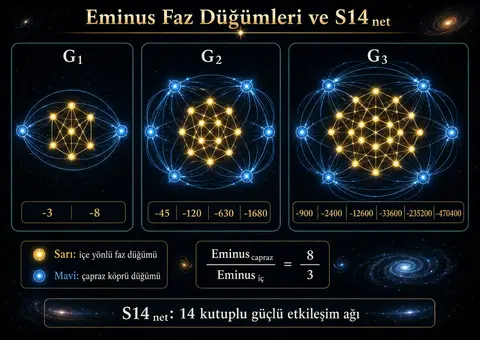 Şekil 22.1 - Eminus faz düğümleri ve S14_net: G1-G3 ölçeklerinde sarı içe yönlü faz düğümleri ile mavi çapraz köprü düğümleri arasındaki 8/3 oranının görsel okuması.