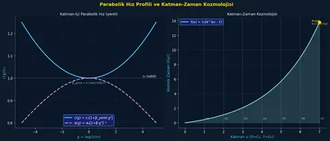 Şekil 26.1 – Parabolik Hız c(χ) (sol): Katman-içi yerel ölçek, β→0 (GW170817 kısıtı). Katman-Zaman t(u) (sağ): Üstel büyüme, G₁→G₇ eşikleri, t₀≈13.8 Gyr.